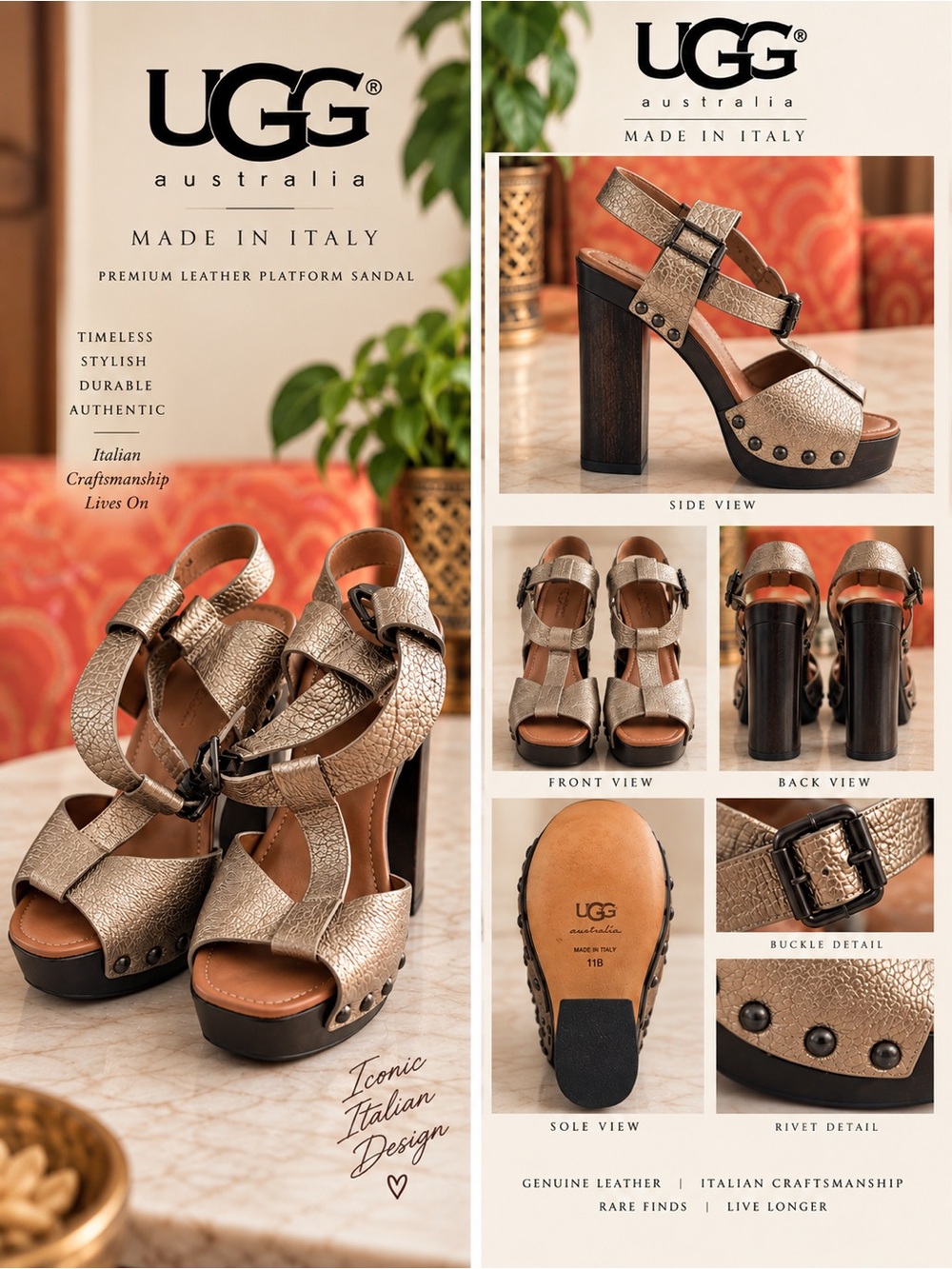UGG Metallic Bronze Leather Platform Sandals